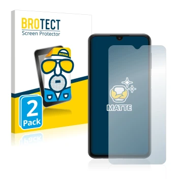 Face avant d’un emballage produit avec le logo de la marque BROTECT. À côté, l’appareil Samsung Galaxy A23 est représenté avec