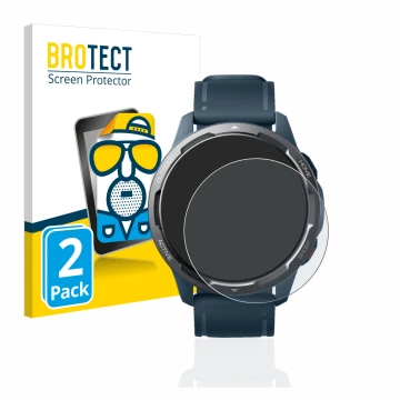 Face avant d’un emballage produit avec le logo de la marque BROTECT. À côté, l’appareil Xiaomi Watch S1 Active est représenté 