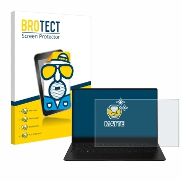 Face avant d’un emballage produit avec le logo de la marque BROTECT. À côté, l’appareil Samsung Galaxy Book2 Pro 13.3