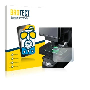 Face avant d’un emballage produit avec le logo de la marque BROTECT. À côté, l’appareil Keyence IM-7030 Dessus en verre est re