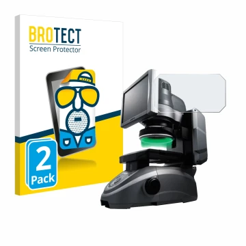 Face avant d’un emballage produit avec le logo de la marque BROTECT. À côté, l’appareil Keyence IM-6125 Dessus en verre est re