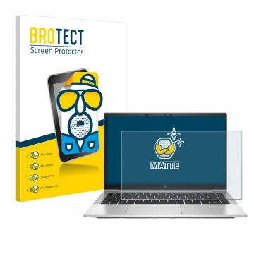 Face avant d’un emballage produit avec le logo de la marque BROTECT. À côté, l’appareil HP EliteBook 845 G7 est représenté ave