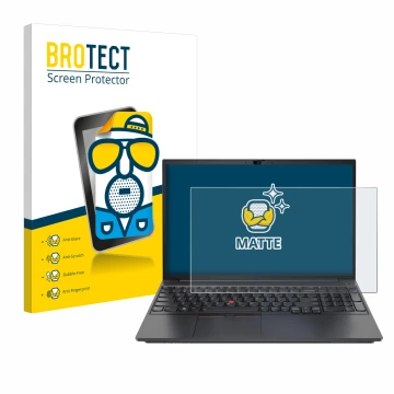 Face avant d’un emballage produit avec le logo de la marque BROTECT. À côté, l’appareil Lenovo ThinkPad E15 Gen 3 est représen