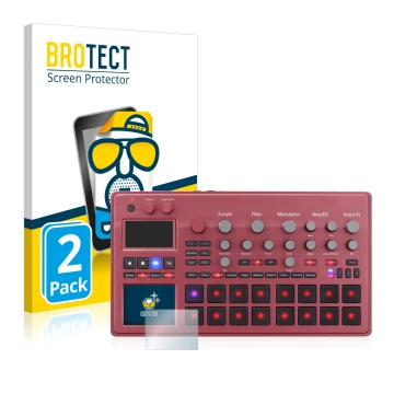 Face avant d’un emballage produit avec le logo de la marque BROTECT. À côté, l’appareil KORG electribe Sampler est représenté 
