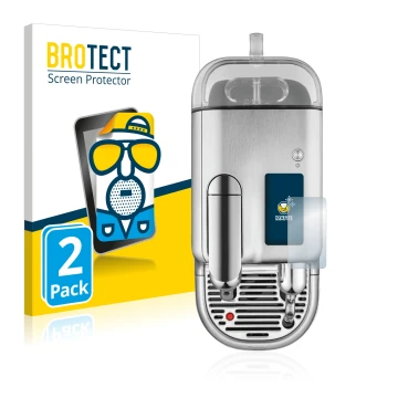 Face avant d’un emballage produit avec le logo de la marque BROTECT. À côté, l’appareil Sage Nespresso Creatista Pro est repré