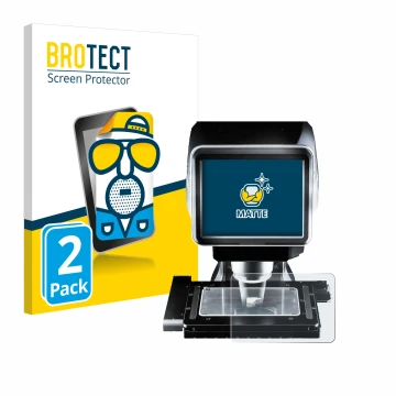 Face avant d’un emballage produit avec le logo de la marque BROTECT. À côté, l’appareil Keyence LM-1100 Dessus en verre est re