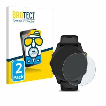 Face avant d’un emballage produit avec le logo de la marque BROTECT. À côté, l’appareil Garmin Forerunner 255 Music est représ