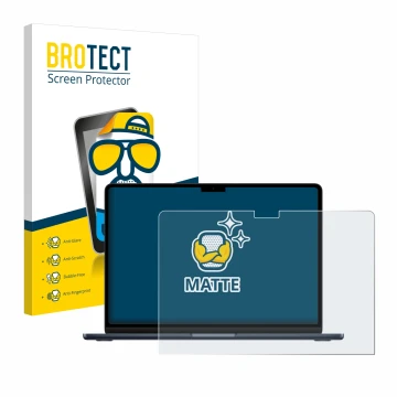 Face avant d’un emballage produit avec le logo de la marque BROTECT. À côté, l’appareil Apple MacBook Air 13