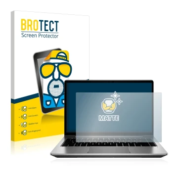 Face avant d’un emballage produit avec le logo de la marque BROTECT. À côté, l’appareil HP ProBook 640 G8 est représenté avec 