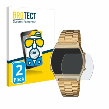 Face avant d’un emballage produit avec le logo de la marque BROTECT. À côté, l’appareil Casio Retro B640WB est représenté avec