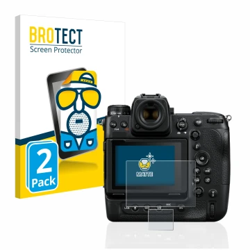 Face avant d’un emballage produit avec le logo de la marque BROTECT. À côté, l’appareil Nikon Z 9 (Affichage + affichage des é