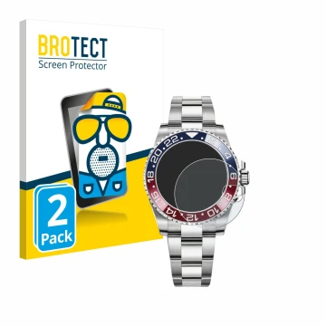 Face avant d’un emballage produit avec le logo de la marque BROTECT. À côté, l’appareil Rolex GMT-Master II est représenté ave