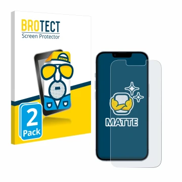 Face avant d’un emballage produit avec le logo de la marque BROTECT. À côté, l’appareil Apple iPhone 14 est représenté avec la