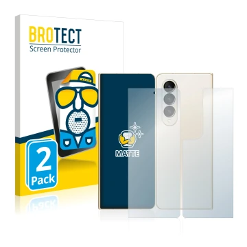 Face avant d’un emballage produit avec le logo de la marque BROTECT. À côté, l’appareil Samsung Galaxy Z Fold 4 (Avant+Arrière