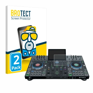 Face avant d’un emballage produit avec le logo de la marque BROTECT. À côté, l’appareil Denon DJ Prime 4 est représenté avec l