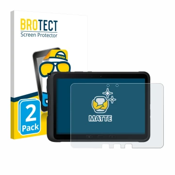 Face avant d’un emballage produit avec le logo de la marque BROTECT. À côté, l’appareil Samsung Galaxy Tab Active 4 Pro est re