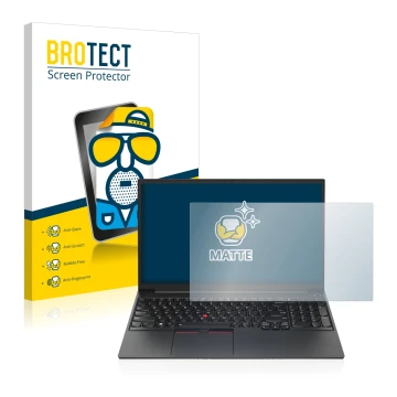 Face avant d’un emballage produit avec le logo de la marque BROTECT. À côté, l’appareil Lenovo ThinkPad E15 Gen 4 est représen