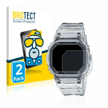 Face avant d’un emballage produit avec le logo de la marque BROTECT. À côté, l’appareil Casio G-Shock DW-5600SKE-7 est représe