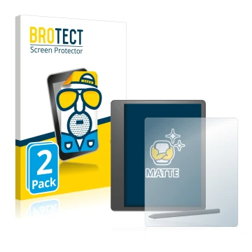 Face avant d’un emballage produit avec le logo de la marque BROTECT. À côté, l’appareil Amazon Kindle Scribe est représenté av