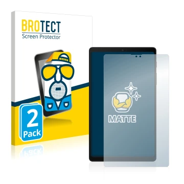 Face avant d’un emballage produit avec le logo de la marque BROTECT. À côté, l’appareil Samsung Galaxy Tab A7 Lite 2022 est re