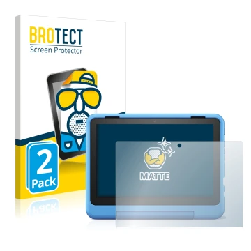 Face avant d’un emballage produit avec le logo de la marque BROTECT. À côté, l’appareil Amazon Fire HD 8 Kids Pro 2022 est rep