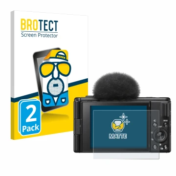 Face avant d’un emballage produit avec le logo de la marque BROTECT. À côté, l’appareil Sony ZV-1F est représenté avec la prot