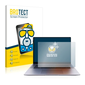 Face avant d’un emballage produit avec le logo de la marque BROTECT. À côté, l’appareil Huawei MateBook 16s est représenté ave