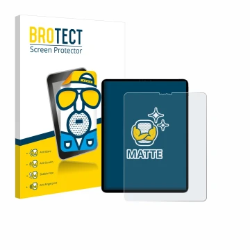 Face avant d’un emballage produit avec le logo de la marque BROTECT. À côté, l’appareil Apple iPad Pro 12.9