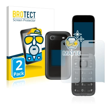Face avant d’un emballage produit avec le logo de la marque BROTECT. À côté, l’appareil Nokia 2660 Flip (Avant+Arrière) est re