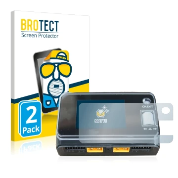 Face avant d’un emballage produit avec le logo de la marque BROTECT. À côté, l’appareil ToolkitRC M6D Dual Charger est représe