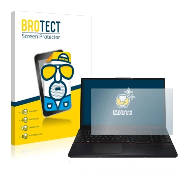 Face avant d’un emballage produit avec le logo de la marque BROTECT. À côté, l’appareil Fujitsu Lifebook E5512 est représenté 