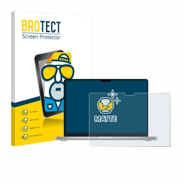 Face avant d’un emballage produit avec le logo de la marque BROTECT. À côté, l’appareil Apple MacBook Pro 14