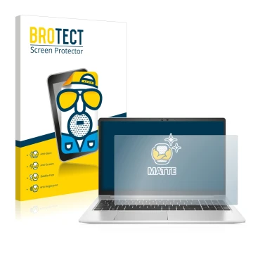 Face avant d’un emballage produit avec le logo de la marque BROTECT. À côté, l’appareil HP EliteBook 650 G9 est représenté ave