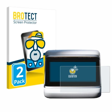 Face avant d’un emballage produit avec le logo de la marque BROTECT. À côté, l’appareil Tesla Model X Plaid 2023 (Affichage ar