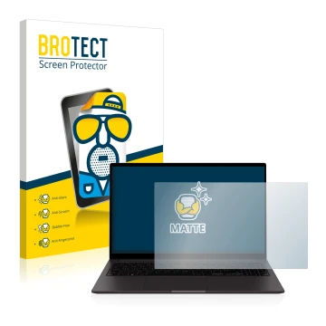 Face avant d’un emballage produit avec le logo de la marque BROTECT. À côté, l’appareil Samsung Galaxy Book2 15.6