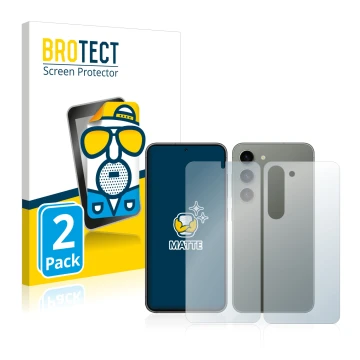 Face avant d’un emballage produit avec le logo de la marque BROTECT. À côté, l’appareil Samsung Galaxy S23 (Avant+Arrière) est