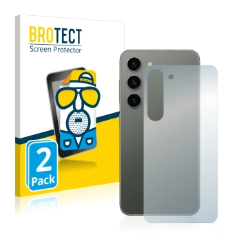 Face avant d’un emballage produit avec le logo de la marque BROTECT. À côté, l’appareil Samsung Galaxy S23 Plus (Arrière) est 