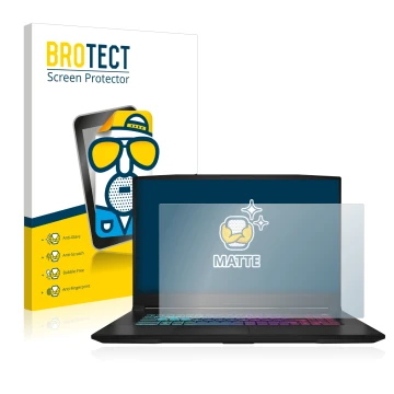 Face avant d’un emballage produit avec le logo de la marque BROTECT. À côté, l’appareil MSI Katana 17 B13V est représenté avec