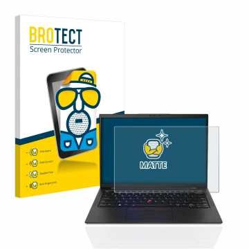 Face avant d’un emballage produit avec le logo de la marque BROTECT. À côté, l’appareil Lenovo ThinkPad X1 Carbon Non-Touch 14