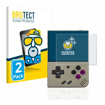 Face avant d’un emballage produit avec le logo de la marque BROTECT. À côté, l’appareil Miyoo Mini Plus est représenté avec la