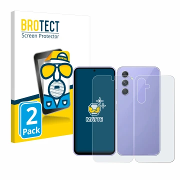 Face avant d’un emballage produit avec le logo de la marque BROTECT. À côté, l’appareil Samsung Galaxy A54 5G (Avant+Arrière) 