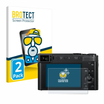 Face avant d’un emballage produit avec le logo de la marque BROTECT. À côté, l’appareil Panasonic Lumix DC-TZ202D est représen