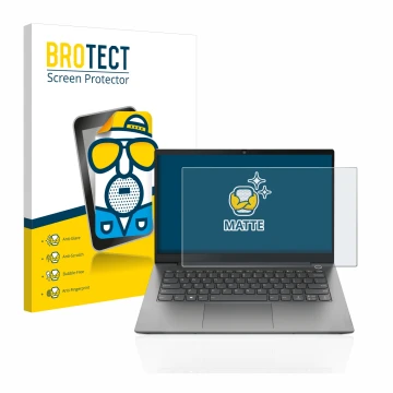 Face avant d’un emballage produit avec le logo de la marque BROTECT. À côté, l’appareil Lenovo ThinkBook 14 Gen 4 est représen