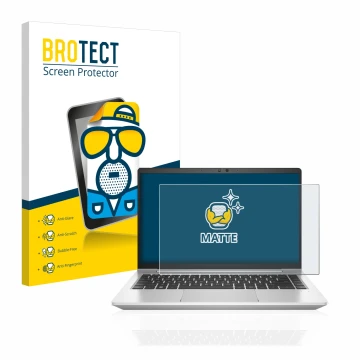 Face avant d’un emballage produit avec le logo de la marque BROTECT. À côté, l’appareil HP EliteBook 640 G9 est représenté ave