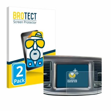 Face avant d’un emballage produit avec le logo de la marque BROTECT. À côté, l’appareil Dodge Challenger Uconnect 8.4