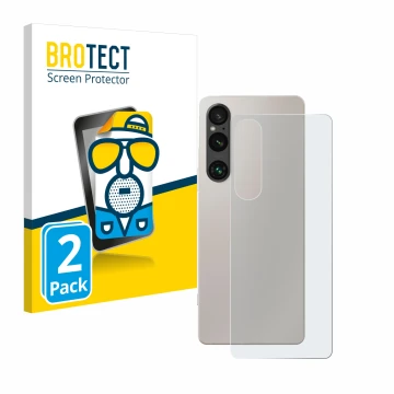 Face avant d’un emballage produit avec le logo de la marque BROTECT. À côté, l’appareil Sony Xperia 1 V (Arrière) est représen