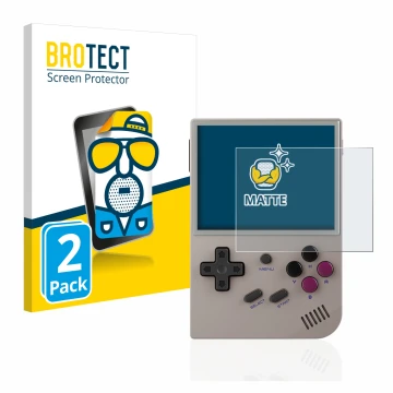 Face avant d’un emballage produit avec le logo de la marque BROTECT. À côté, l’appareil Anbernic RG35XX est représenté avec la