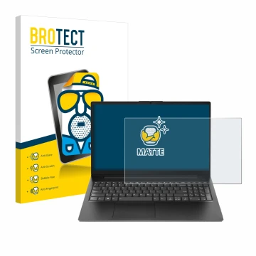 Face avant d’un emballage produit avec le logo de la marque BROTECT. À côté, l’appareil Lenovo V15 G4 AMN est représenté avec 