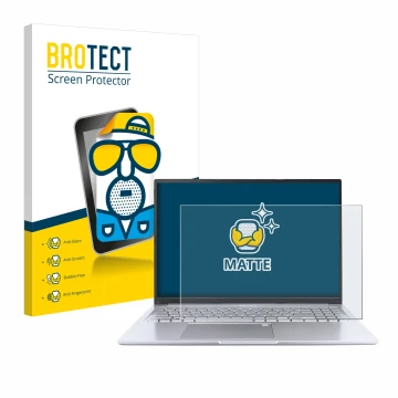 Face avant d’un emballage produit avec le logo de la marque BROTECT. À côté, l’appareil ASUS Vivobook 16 M1605 est représenté 