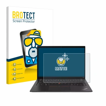 Face avant d’un emballage produit avec le logo de la marque BROTECT. À côté, l’appareil Lenovo ThinkPad T14s Gen 4 est représe